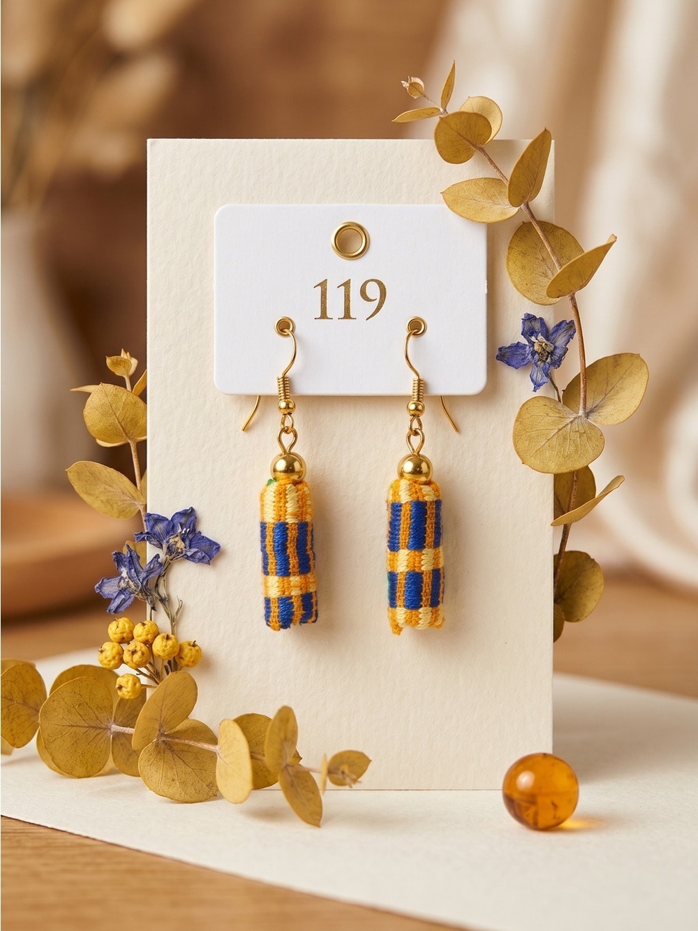 Boho Woven Tassel Dangle Earrings Blue Gold Orange NWOT Handmade Style